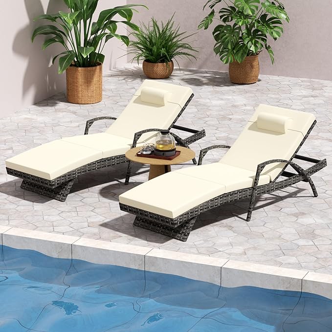 Outdoor Lounge Chairs Set of 2,Wicker Chaise Lounge Chair Pool Chaise Lounge,Patio Lounge Chair with Adjustable Backrest Arm Cushion for Poolside