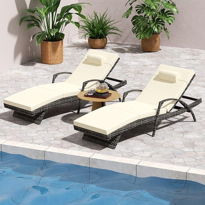 Outdoor Lounge Chairs Set of 2,Wicker Chaise Lounge Chair Pool Chaise Lounge,Patio Lounge Chair with Adjustable Backrest Arm Cushion for Poolside