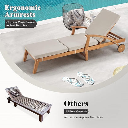 HOMREST Wood Chaise Lounge Recliner, 83x23in Patio Chaise Lounger Recliner with Slide-Out Side Table & Cup Holder, Foam-Padded Cushion, Adjustable Backrest, Wheels (Beige)