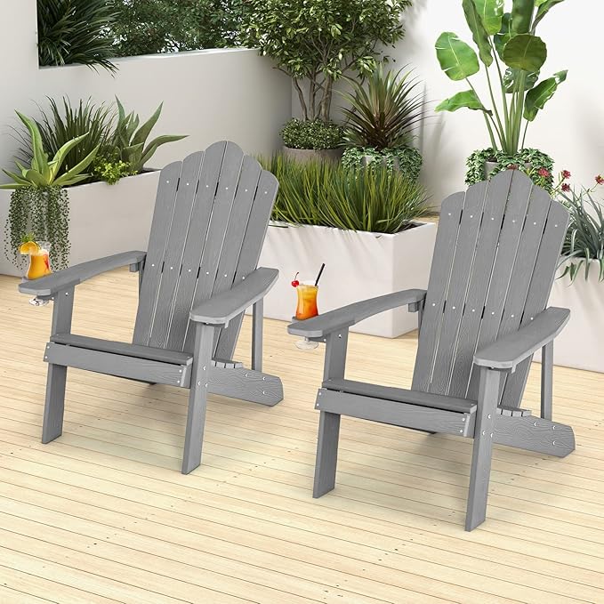 Giantex Outdoor Adirondack Chair - Oversized Patio Chairs w/Hidden Cup Holder, Realistic Wood Grain, 380 LBS Weight Capacity, Weather Resistant Firepit Chairs for Backyard, Garden (2, Light Grey)