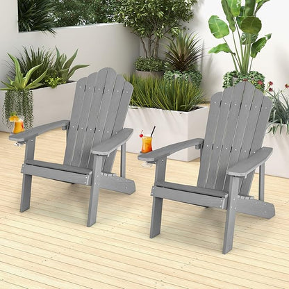 Giantex Outdoor Adirondack Chair - Oversized Patio Chairs w/Hidden Cup Holder, Realistic Wood Grain, 380 LBS Weight Capacity, Weather Resistant Firepit Chairs for Backyard, Garden (2, Light Grey)