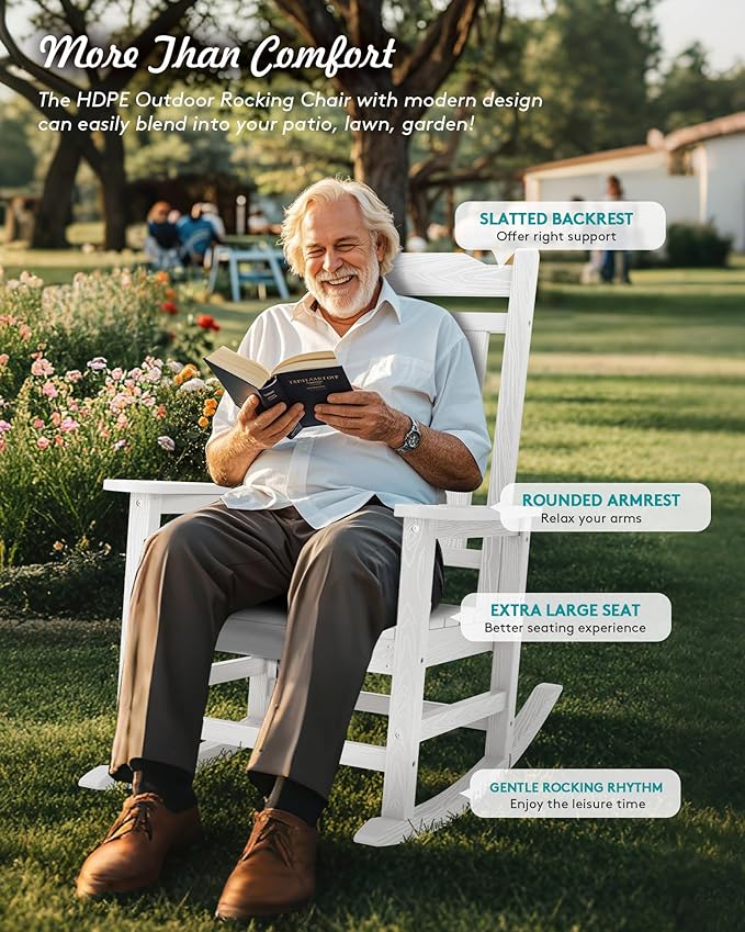 SERWALL HDPE Outdoor Rocking Chair White Set of 8, All Weather Patio Rocking Chair, Poly Rocking Chair for Adults