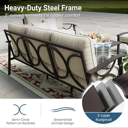 RoyalCraft 2 Pieces Outdoor Single Sofa,All-Weather Patio Metal Armchair,Khaki Metal Furniture with Gray Cushions, Brown
