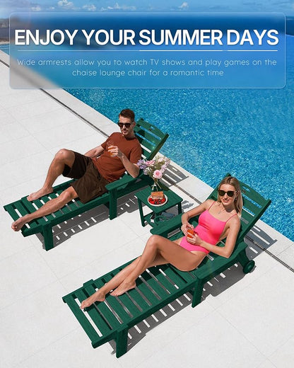 Chaise Lounge Chair Outdoor with Wheels, Oversize Patio Lounge Chairs with Wood Texture, 5-Position Plastic Lounge Chairs for Poolside, Patio, Deck, Beach(Green)