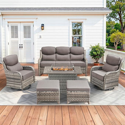 Luxury Patio Furniture Set with 42.5" Fire Pit Table, 6 Pieces High Back All Weather Wicker Outdoor Furniture w/ 6-Inch Thick Cushions, Patio Swivel Chairs Couch for Deck Balcony Backyard Grey