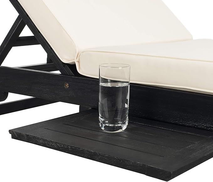 SAFAVIEH Outdoor Collection Newport Black/ Beige Cushion Built-in Side Table Adjustable Chaise Lounge Chair
