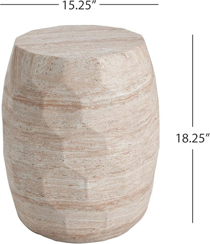Christopher Knight Home Jaym 18.25" H Indoor Outdoor Accent Side Table, Patio Decorative End Table, Polygon Lightweight Concrete Garden Stool for Patio Balcony & Garden Decor, Travertine