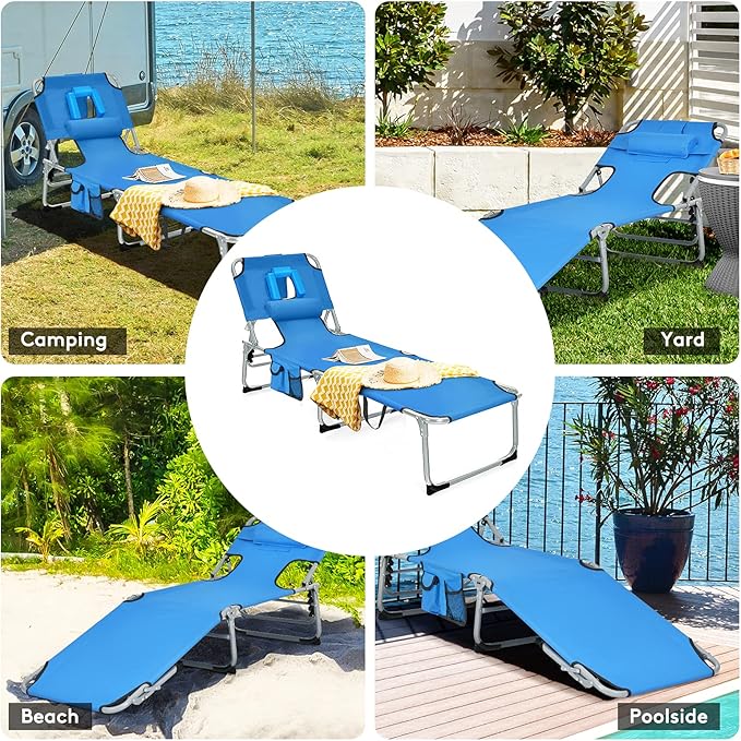 Goplus Tanning Chair, Folding Beach Lounge Chair with Face &Arm Hole, 5-Position Adjustable, Removable Pillow - Photo 8