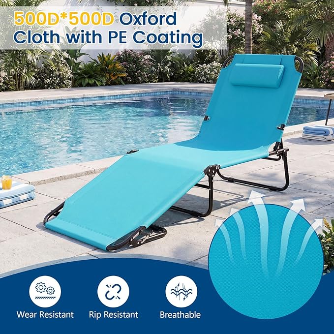 COSTWAY Tanning Chair with Face Hole, Pillows & Adjustable Backrest, Portable with Carrying Bag, Folding Beach Chaise Lounge for Sunbathing, Seaside (2, Turquoise)