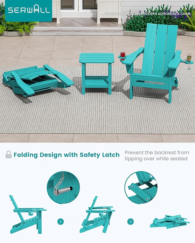 SERWALL Modern Adirondack Chair Set of 2, Folding Adirondack Chair with Cup Holders, Outdoor HDPE Adirondack Chair, Teal - Photo 7