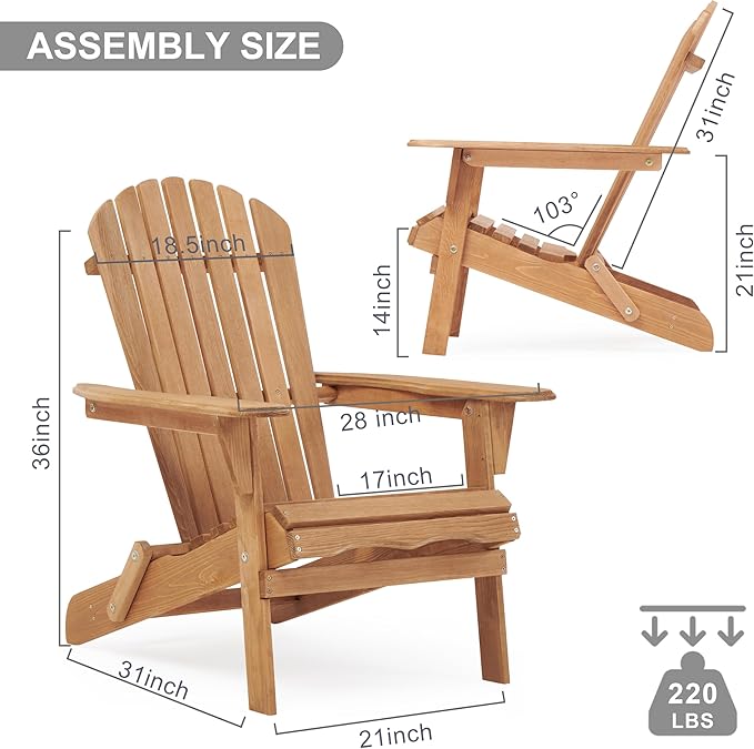Outdoor Wooden Folding Adirondack Chair Set of 2 with Pre-Assembled BackRest, Wood Patio Chair for Garden Backyard Porch Pool Deck Firepit