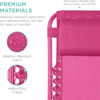Best Choice Products Set of 2 Adjustable Steel Mesh Zero Gravity Lounge Chair Recliners w/Pillows and Cup Holder Trays - Hot Pink