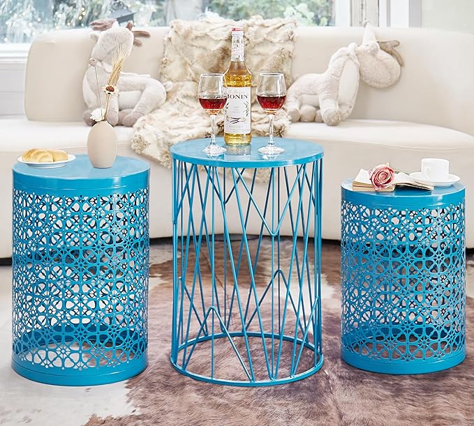Y&M Set of 3 Blue Round Nesting Tables, Multifunctional Coffee Table End Table, Side Table for Indoor - Photo 2