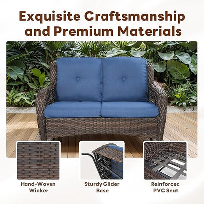 Belord 5 Piece Outdoor Wicker Furniture, Patio Swivel Rocking Chairs with Loveseat and 3 Seat Sofa,All Weather Patio Conversation Furniture Set, for Backyard Poolside Brown Wicker/Blue