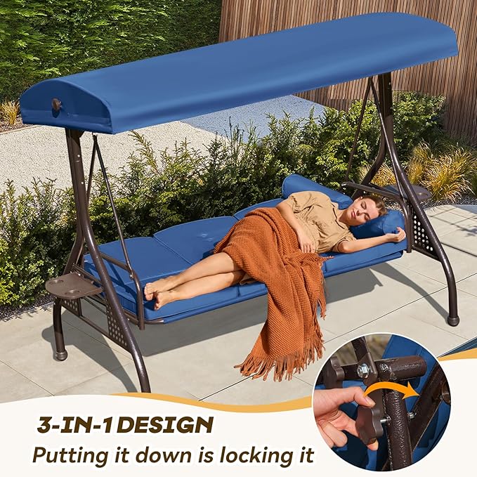 3 in 1 Outdoor Porch Swing with Adjustable Canopy, 3 Seat Outdoor Swing for Adults - Photo 4