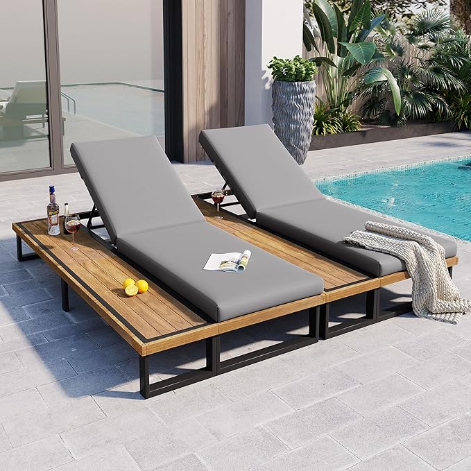 Outdoor Chaise Lounge Chair Set of 2, 5-Position Adjustable Lounge Chair Set with Side Table, Gray - Photo 1