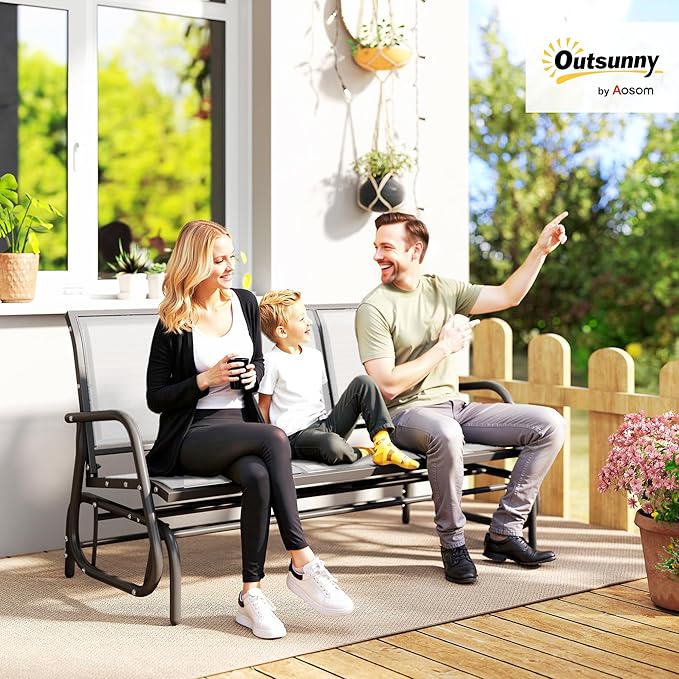 Outsunny 3-Person Patio Glider Bench, Outdoor Porch Glider Swing with 3 Seats, Breathable Mesh Fabric, Metal Frame - Photo 2