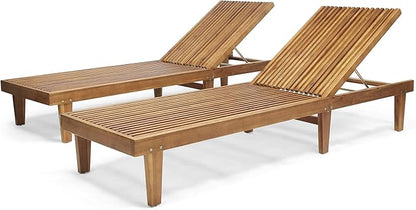 GDFStudio Outdoor Wooden Chaise Lounge, Set of 2 with Teak Finish