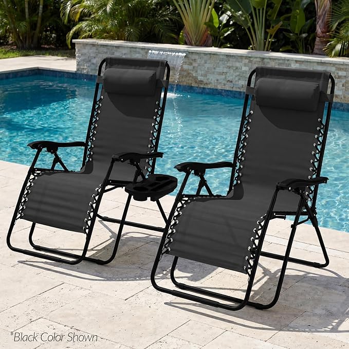 Best Choice Products Set of 2 Extra Wide Adjustable Steel Mesh Zero Gravity Lounge Chair Recliners w/Pillows and Cup - Photo 2