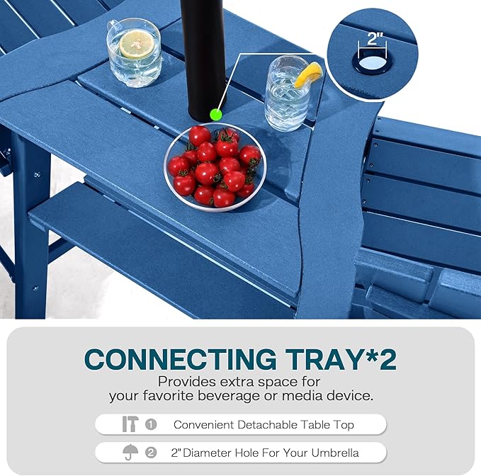Tall Adirondack Chairs Set of 2, HDPE Balcony Chair with Double Connecting Tray, Weather Resistant Outdoor Adirondack Bar Stools for Patio, Deck, Patio, Backyard, Balcony.(Navy Blue)
