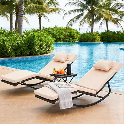 Outdoor Lounge Chair Set of 3, Patio Chaise Lounger with Folding Table and Adjustable Headrest, Easy 4-Step Assembly, All-Weather PE Rattan & Steel Frame for Pool, Patio, Porch, Backyard(Khaki)