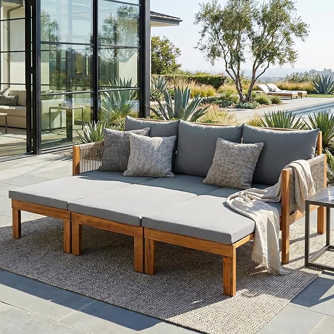 LUMISOL Outdoor Patio Day Bed Sofa, 3 Seat Convertible Sleeper Sofa for Poolside Backyard, Patio Furniture Lounge Couch with Cushion, Beige