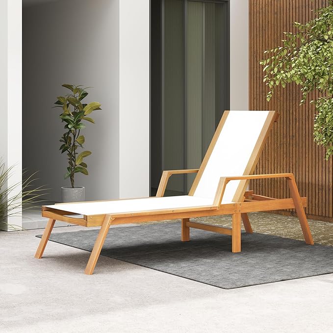 Tangkula Outdoor Wood Chaise Lounge Chair, Patio Sun Lounger with Adjustable Back, Eucalyptus Wood Lounge Chair with Breathable Fabric for Poolside Lawn Backyard (2, 75.5 inches)