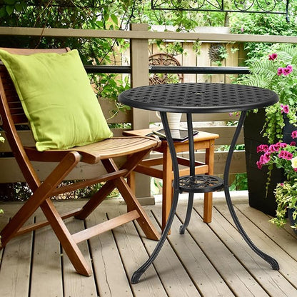 GarveeHome Patio Bistro Table, 24" Round Outdoor Coffee Table with 2" Umbrella Hole, Outdoor Cast Aluminum Bistro Table Side Table with Iron Frame for Balcony Backyard Lawn and Garden, Classic Black