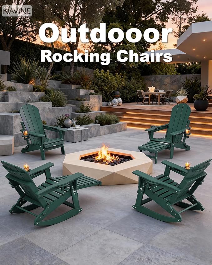 Adirondack Rocking Chair with Retractable Ottoman, All Weather Folding Adirondack Chair with Two Cup Holders, Adirondack Outdoor Rocking Chairs for Porch, Patio, Balcony. Dark Green