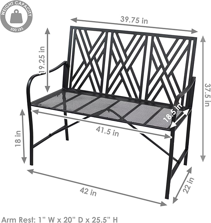 Sunnydaze 2-Person Outdoor Garden Bench - Geometric Lattice Iron Patio Bench - Black - 42" W