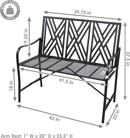 Sunnydaze 2-Person Outdoor Garden Bench - Geometric Lattice Iron Patio Bench - Black - 42" W