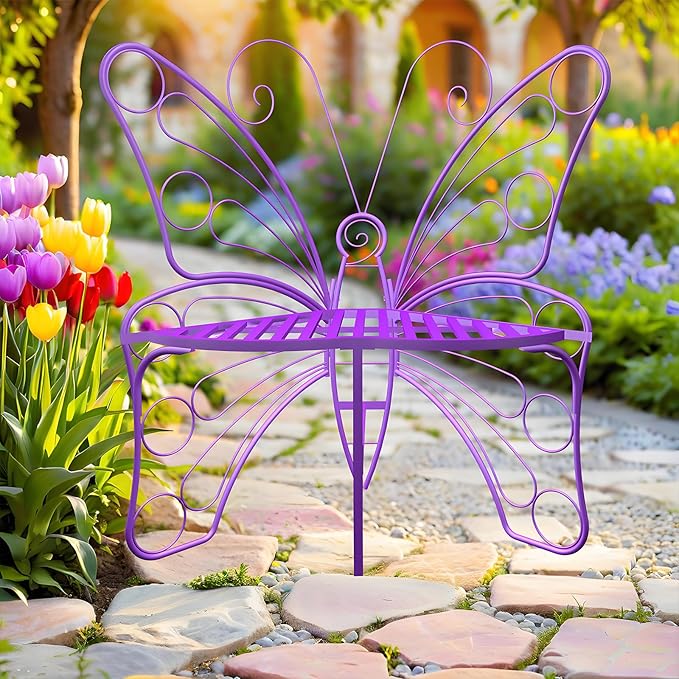 Butterfly Shaped Outdoor Bench, Purple Garden Bench with Sturdy Stable Metal Frame, Outdoor Metal Chair Butterfly Bench for Garden, Yard, Balcony, Lawn(Purple/Small).