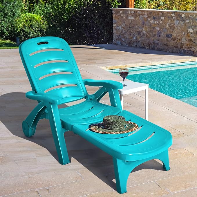 Tangkula Outdoor Chaise Lounge Chair, Adjustable 5-Position Recliner Chair with Built-in Wheels, Weather-Resistance Folding Lounge for Patio, Backyard, Poolside and Beach (1, Turquoise)