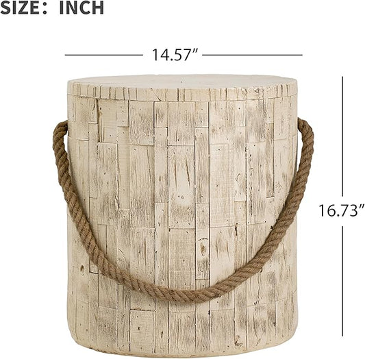 Faux Stump Side Table Outdoor Concrete End Table with Braided Cord Small Round Coffee Tables for Indoor Outdoor, Garden Stool Plant Stand for Porch, Patio, Cement Gray