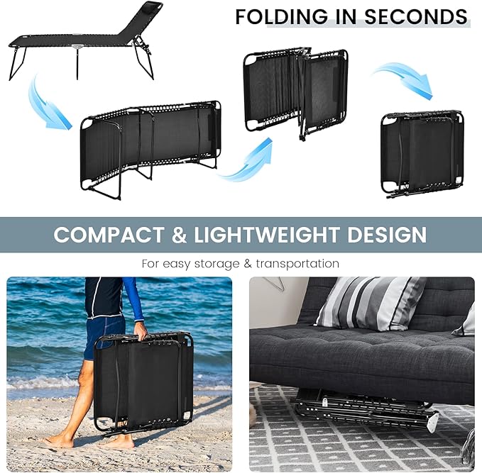 Goplus Chaise Lounge Chair Outdoor, Extra Large Folding 5-Postion Beach Lounge Chair with Detachable Pillow, Side Pocket, Sunbathing Lounge Chair, Adjustable Tanning Chair for Patio Lawn Pool Yard
