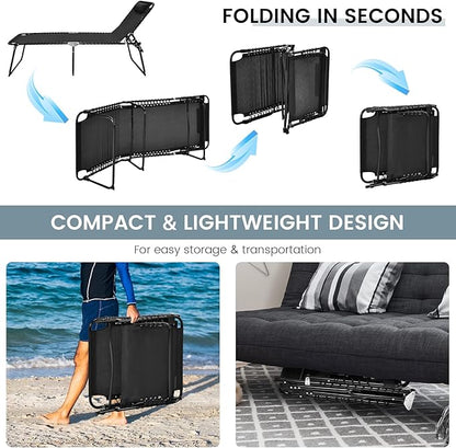 Goplus Chaise Lounge Chair Outdoor, Extra Large Folding 5-Postion Beach Lounge Chair with Detachable Pillow, Side Pocket, Sunbathing Lounge Chair, Adjustable Tanning Chair for Patio Lawn Pool Yard