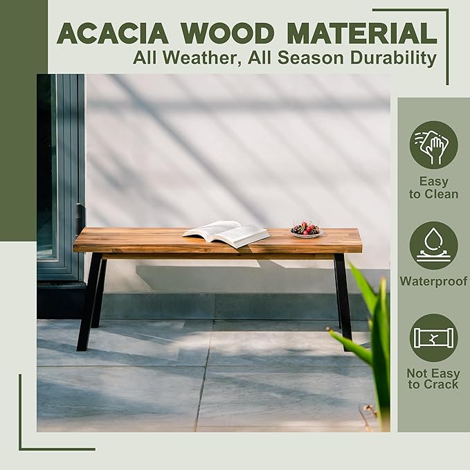 Solid Wood Bench - Minimalist Design, Acacia Wood Construction, Natural top-Black Leg Color, Versatile for Entryway - Photo 6