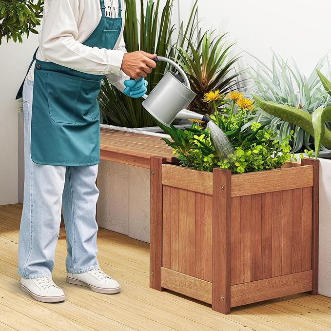 2-in-1 Outdoor Planter Box with Bench, Outdoor Bench with Raised Garden Bed, Open-Ended Base Planter Box, Teak Oil Finish Wood Seat, Garden Bench Seat for Porch Balcony Lawn Yard (1)