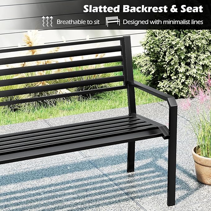Tangkula 50” Outdoor Metal Park Bench, Patio Slatted Garden Bench for 2-3 People with Armrests & Backrest, Heavy-Duty Modern Seating for Backyard, Poolside, Porch