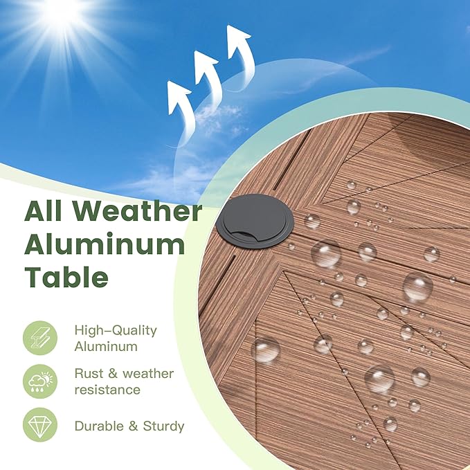 Outdoor Patio Round Dining Table for 4, 40.7" x 40.7" Sleek Aluminum Dining Table with Umbrella Hole for Backyard Garden Lawn Deck, Walnut