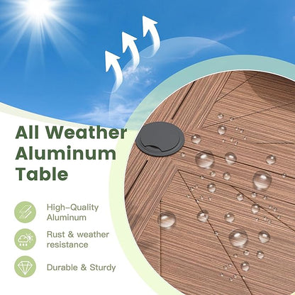 Outdoor Patio Round Dining Table for 4, 40.7" x 40.7" Sleek Aluminum Dining Table with Umbrella Hole for Backyard Garden Lawn Deck, Walnut