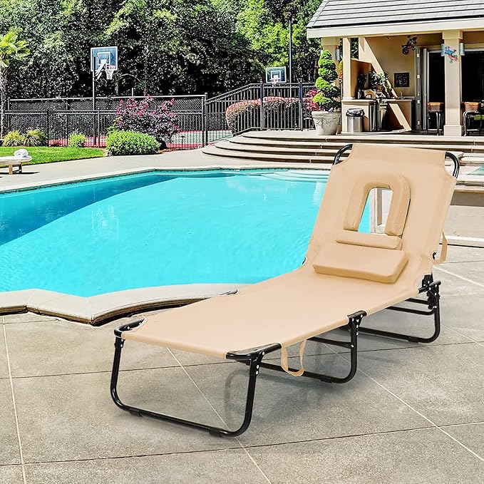 GYMAX Beach Lounge Chair, Sunbathing Chair Patio Lounge Chair Folding Adjustable Recliner with Hole for Face - Photo 9