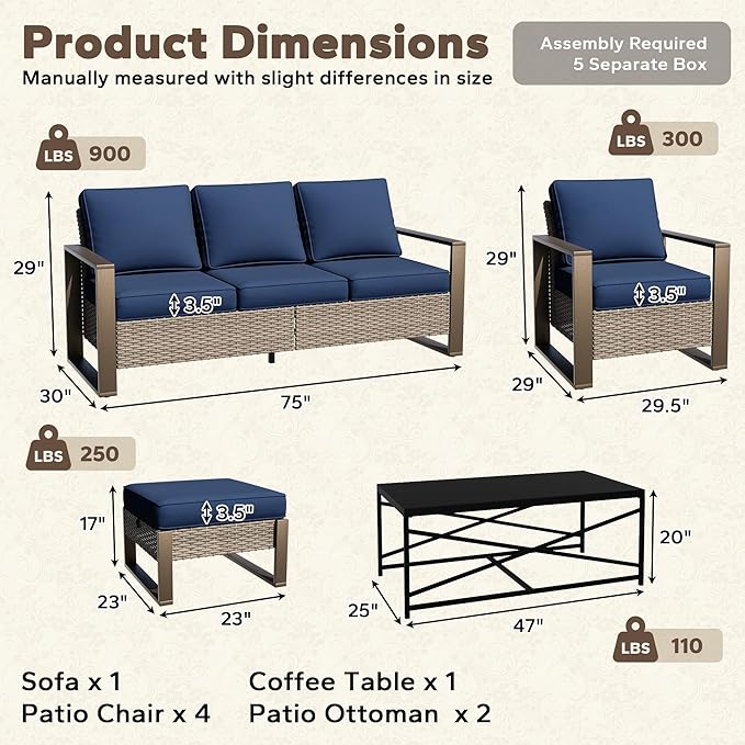 8 Pieces Metal Wicker Patio Furniture Set - 75" Sofa, Four Armchairs and Two Ottomans - Photo 2