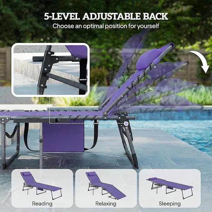 Outsunny Folding Chaise Lounge Chair Outdoor Tanning Chair with Side Table, 5-Level Adjustable Beach Lounge Chair with Headrest, Side Pocket for Patio, Backyard, Beach, Poolside, Purple