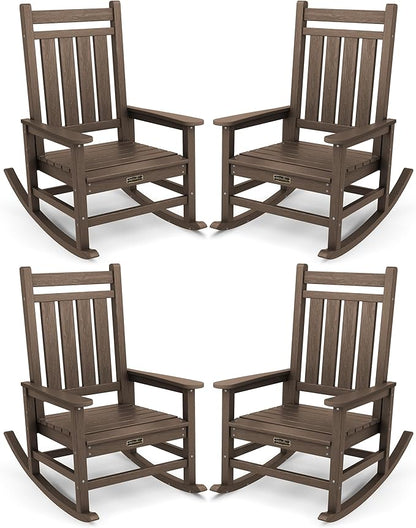 SERWALL Oversized Outdoor Rocking Chair Set of 4, HDPE Rocker for Adults, Patio Rocking Chairs for Porch, Coffee