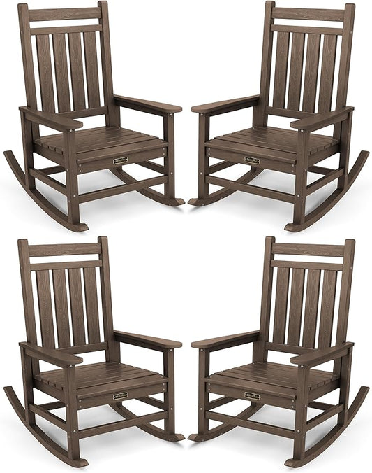 SERWALL Oversized Outdoor Rocking Chair Set of 4, HDPE Rocker for Adults, Patio Rocking Chairs for Porch, Coffee