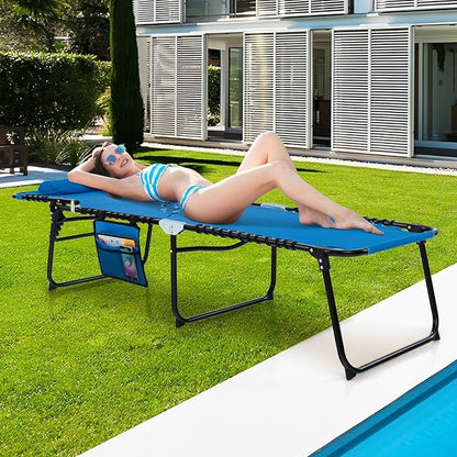 Giantex Patio Lounge Chairs for Outside - Folding Tanning Chair w/Headrest, 4 Adjustable Positions, Side Pocket, Outdoor Chaise Lounge for Camping, Pool, Sunbathing Beach Chair, Navy