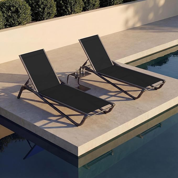 Lounge Chair Set of 2, Aluminum Chaise Lounge Outdoor with Side Table, Lightweight Lounge Chairs for Outside with 5 Adjustable Backrest, Pool Lounger for Poolside, Beach, Balcony(Black)