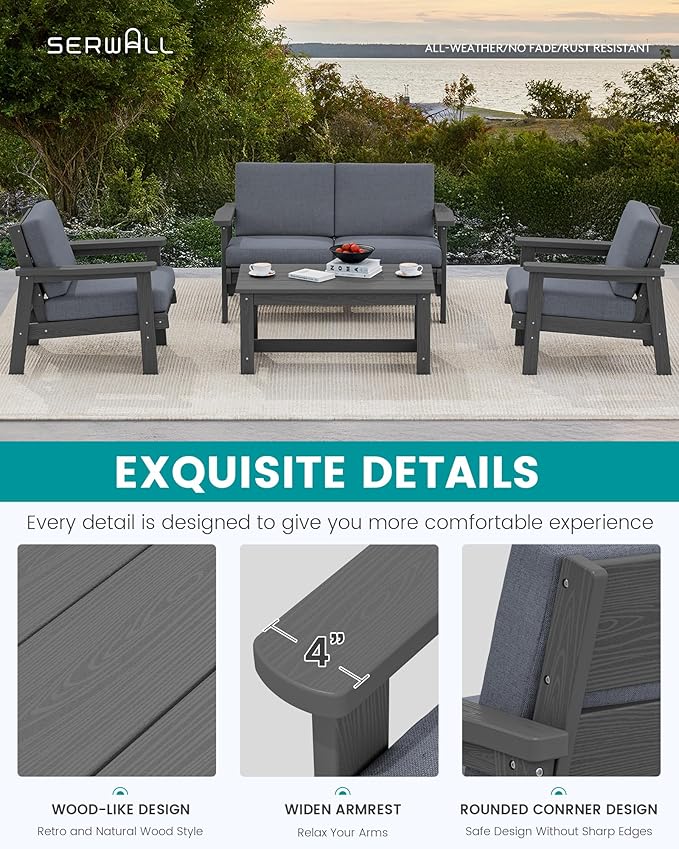 SERWALL 4 Piece HDPE Outdoor Furniture Set, All Weather Wood-Like Outdoor Sofa Sectional Couch - Photo 4