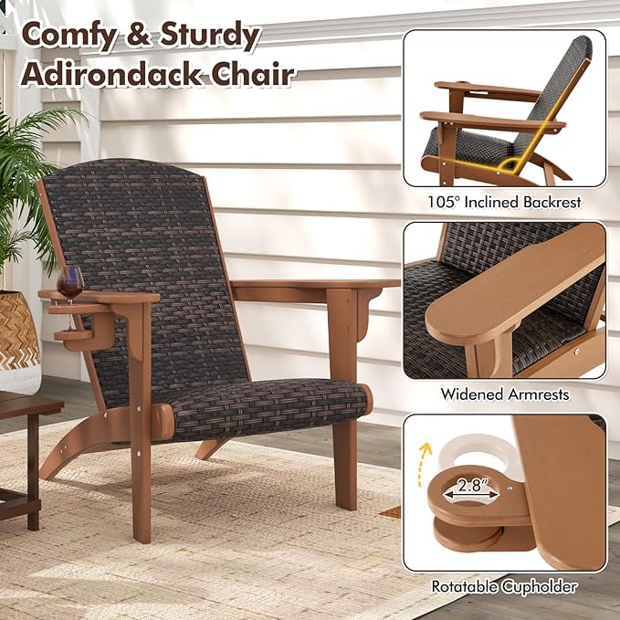 Tangkula Patio Wicker Adirondack Chair, HDPE Lounge Chair w/Rattan Padded Seat & Back, Wide Armrests & Hidden Cupholder, Outdoor All-Weather Adirondack Fire Pit Chair for Backyard, Lawn (1, Coffee)
